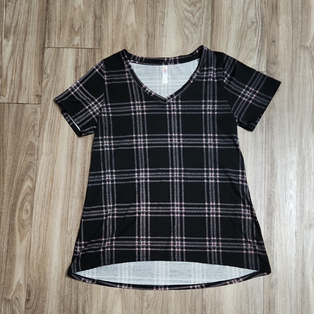 LuLaRoe Christy T Black & Pink Plaid V Neck Short Sleeve Shirt Women's Medium